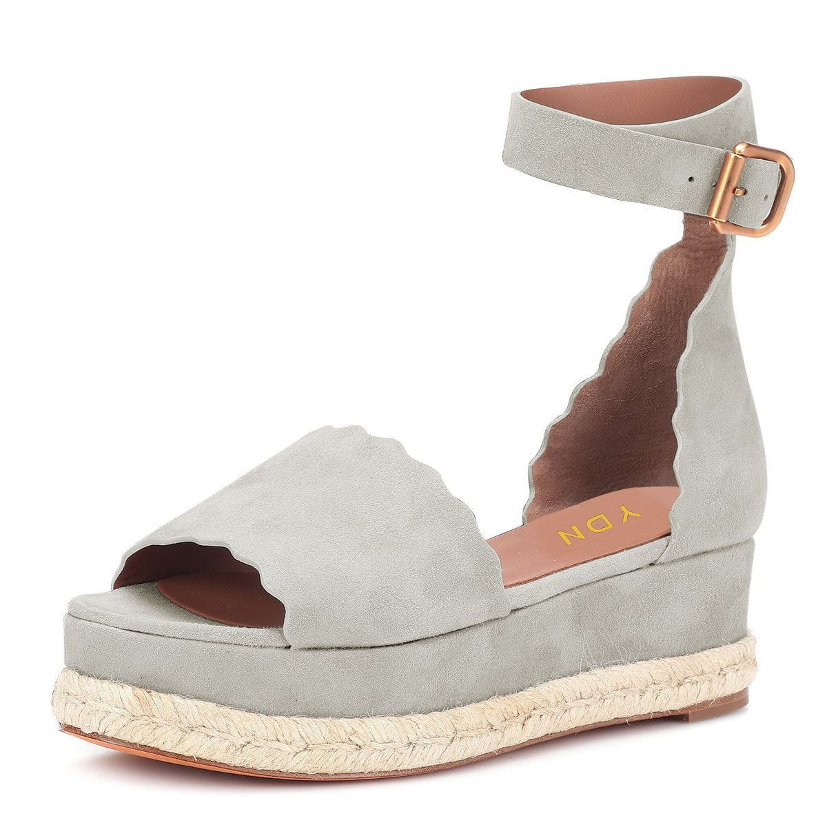 YDN Women Round Open Toe Platform Espadrille Sandals Adjustable Buckle Strap Mid Wedge Heel Shoes Summer Casual Daily Size 7 Gray