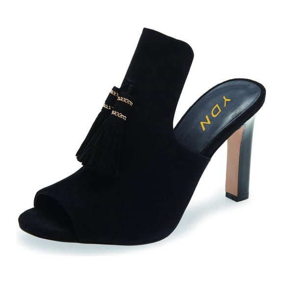 YDN Women Round Peep Toe Slip on Mules Tassels Chunky Block High Heel Sandals Stylish Heeled Slipper Shoes Size 13 Black