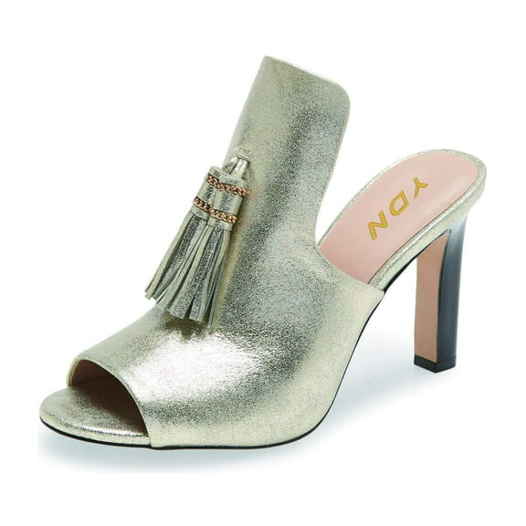 YDN Women Round Peep Toe Slip on Mules Tassels Chunky Block High Heel Sandals Stylish Heeled Slipper Shoes Size 7 Pale Turquoise