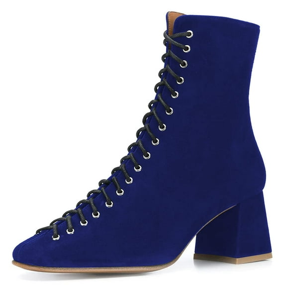 YDN Women Round Toe Ankle Boot Lace up Chunky Mid Heels All Weather Stylish Zipper Booties Shoe Size 15 Blue