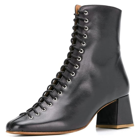 YDN Women Round Toe Ankle Boot Lace up Chunky Mid Heels All Weather Stylish Zipper Booties Shoe Size 16 Black