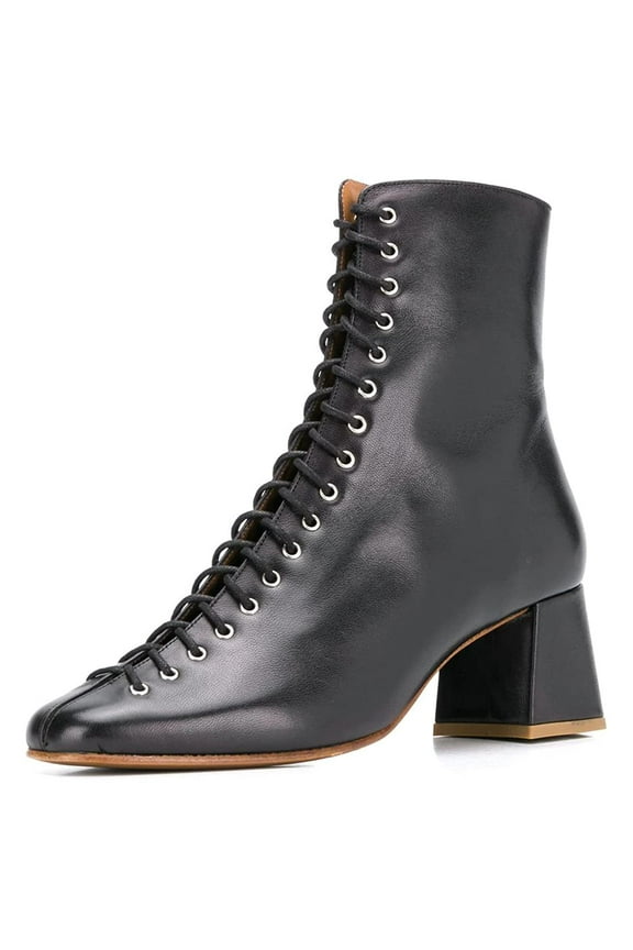 Women Round Toe Ankle Boot Lace up Chunky Mid Heels All Weather Stylish Zipper Booties Shoe Size 8 Black