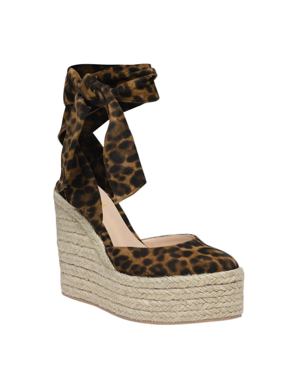 Women Round Toe Ankle Wrap Espadrilles Sandals Platform Wedge High Heels Pumps Comfortable Date Dressy Shoes Size 4 Leopard