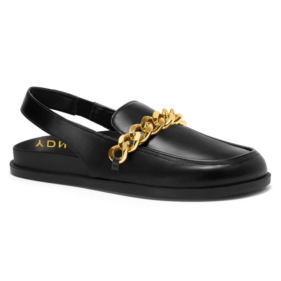 YDN Women Round Toe Chains Slingback Flats Elastic Strap Heeled Loafers Casual Daily Dress Walking Shoes Size 7 Black