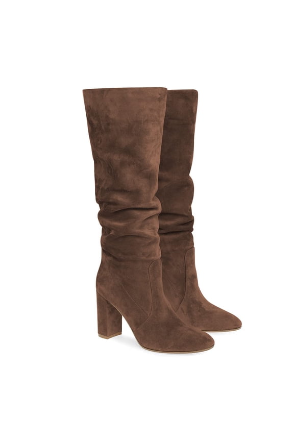 Women Round Toe Knee High Boots Pull on Slouch Chunky Mid Heels Fashion Winter Daily Dress Shoes Size 13 Saddle Brown