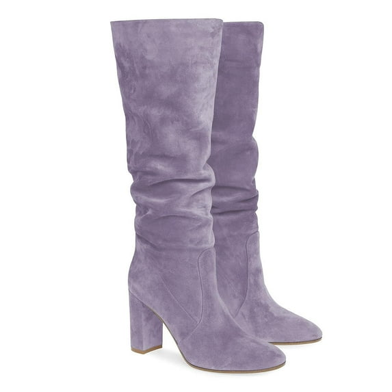 YDN Women Round Toe Knee High Boots Pull on Slouch Chunky Mid Heels Fashion Winter Daily Dress Shoes Size 15 Medium Purple