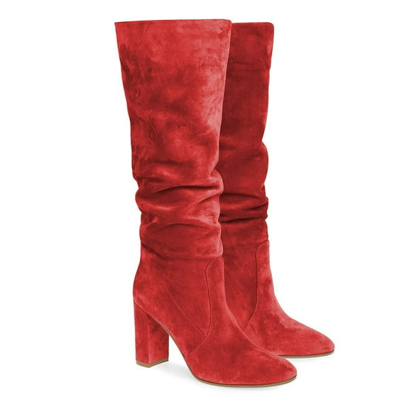 YDN Women Round Toe Knee High Boots Pull on Slouch Chunky Mid Heels Fashion Winter Daily Dress Shoes Size 5 Red