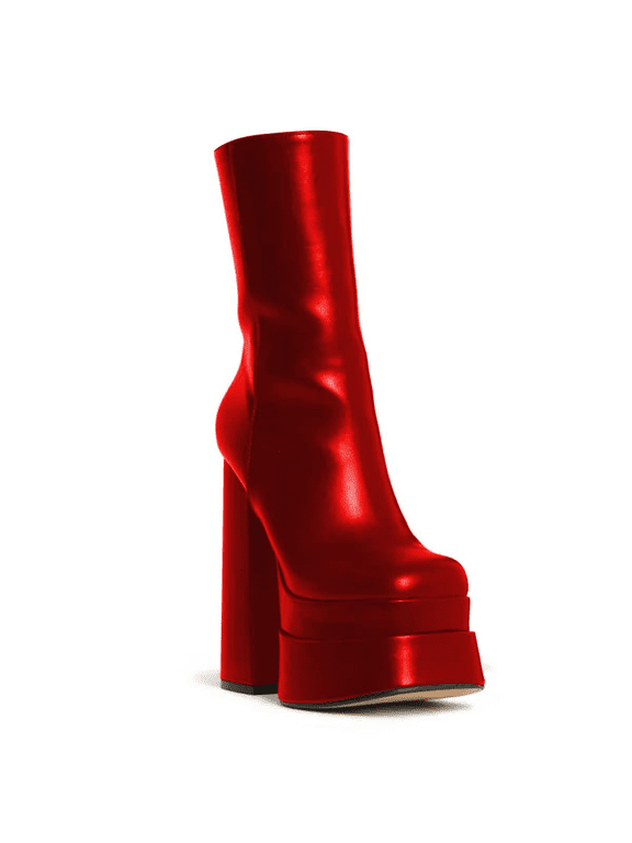 Women Round Toe Mid Calf Boots Platform High Chunky Block Heels Side Zipper Booties Daily Dress Shoes Size Size 5.5 Red