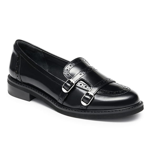 YDN Women Round Toe Monk Strap Lofers Buckle Slip on Low Chunky Heels Daily Work Walking Shoes Size 12 Black