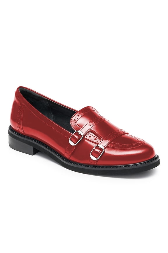 Women Round Toe Monk Strap Lofers Buckle Slip on Low Chunky Heels Daily Work Walking Shoes Size 4 Red
