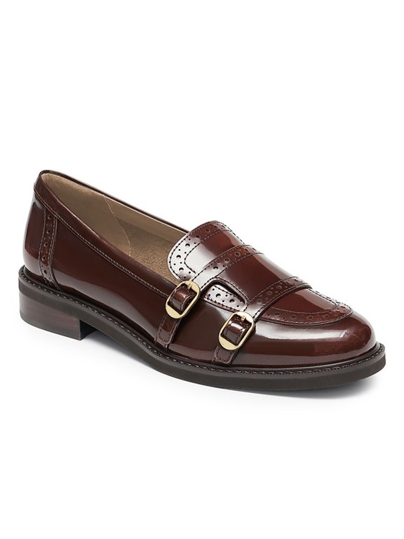 Women Round Toe Monk Strap Lofers Buckle Slip on Low Chunky Heels Daily Work Walking Shoes Size 8 Brown