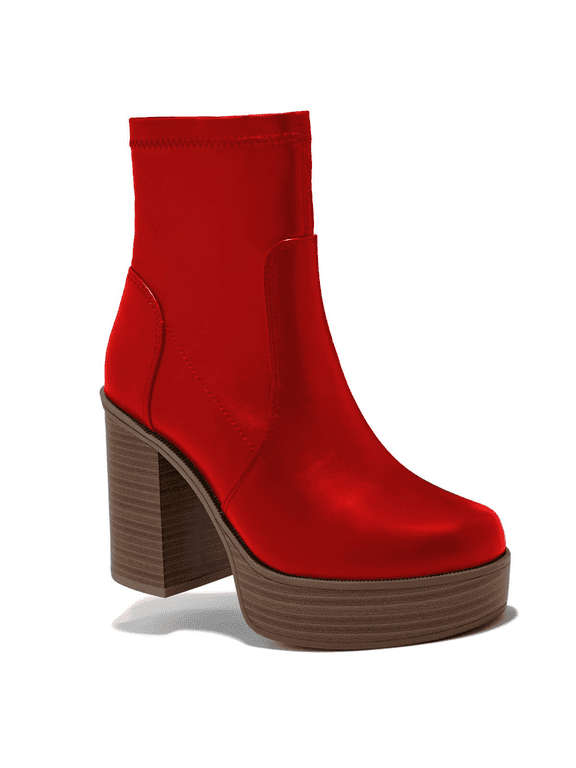 Women Round Toe Platform Ankle Boots Side Zipper Chunky Stacked Heels Booties Fashion Office Daily Dress Shoes Size 13 Red