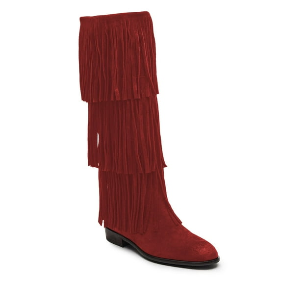 YDN Women Round Toe Tassels Mid Calf Boots Flats Pull On Fringed Low Heels Winter Fall Party Festival Shoes Size 5 Red