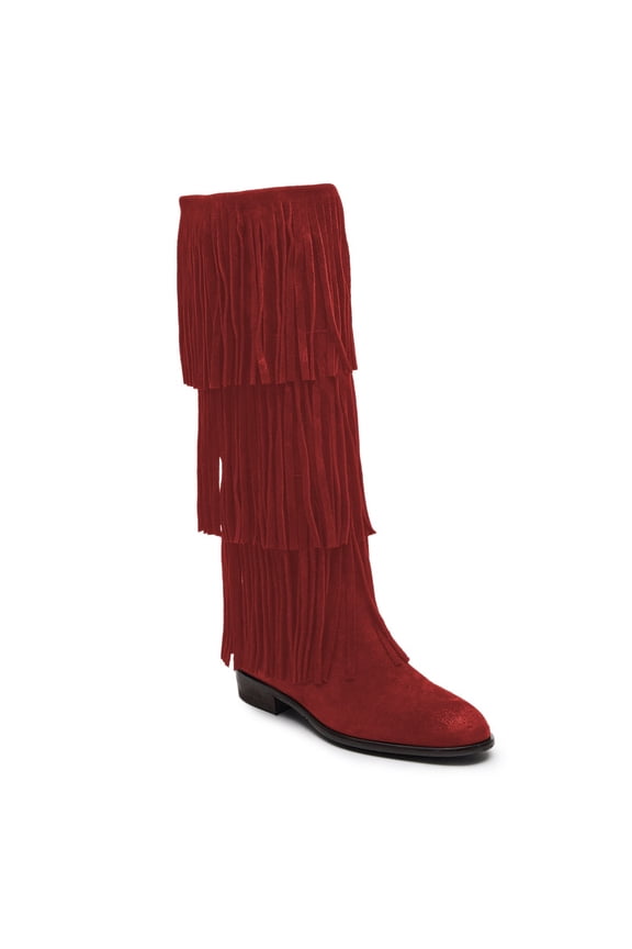 Women Round Toe Tassels Mid Calf Boots Flats Pull On Fringed Low Heels Winter Fall Party Festival Shoes Size 5 Red