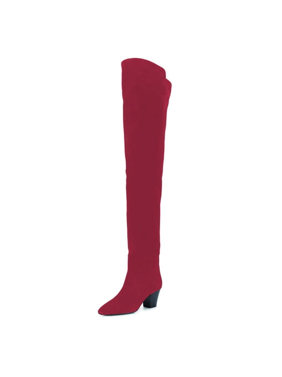 Women Sexy Closed Pointed Toe Over The Knee Boots Stretchy Block Low Heels Pull On Long Boots Dress Winter Shoes Size 5 Red