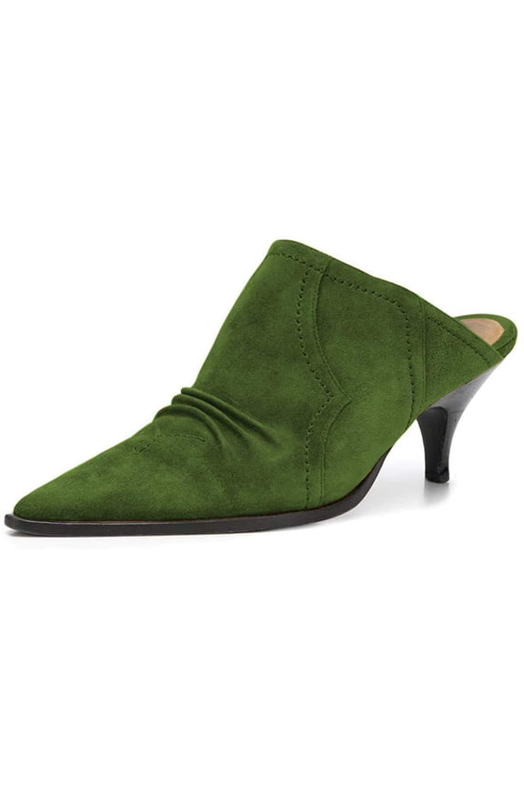 Women Sexy Kitten Low Heel Mules Pumps Pointed Closed Toe Loafers Backless Slip On Sandals Suede Comfort Shoes Size 8 Olive