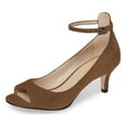 thumbnail image 1 of YDN Women Sexy Peep Toe Elegant Kitten Low Heel Sandals Trendy Ankle Unique Buckle Straps Pumps Party Shoes Size 10.5 Brown, 1 of 4