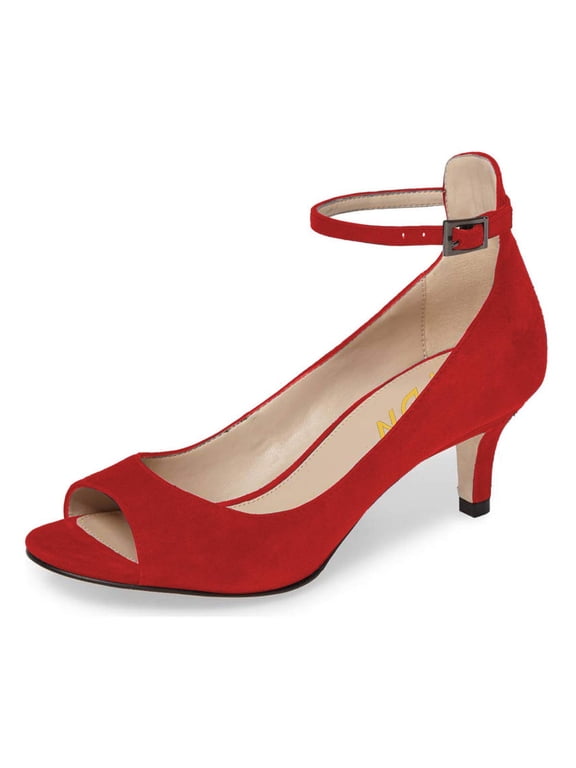 Women Sexy Peep Toe Elegant Kitten Low Heel Sandals Trendy Ankle Unique Buckle Straps Pumps Party Shoes Size 4 Red
