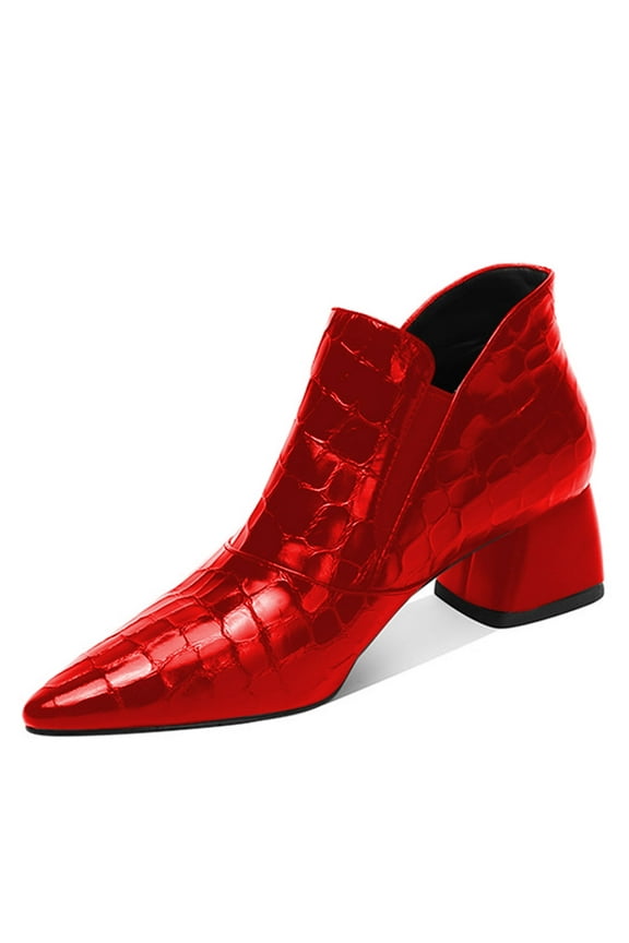 Women Sexy Pointed Toe Ankle Booties Chunky Low Heel Short Boots Pull On Elastic Daily Outdoor Shoes Size 9 Red
