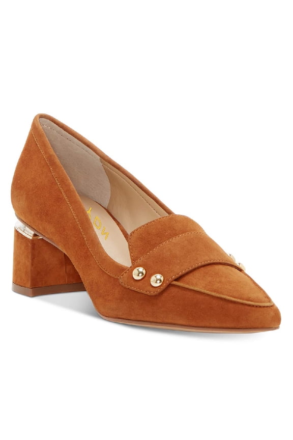 Women Sexy Pointed Toe Studded Pumps Slip on Low Chunky Heel Loafers Fashion Work Formal Dress Shoes Size 12 Brown