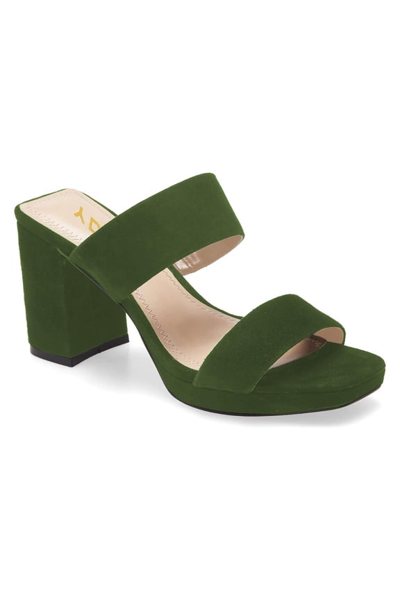 Women Slip on Double Strap Platform Mules Open Square Toe High Block Heels Casual Dress Work Slide Sandals Size 4 Olive