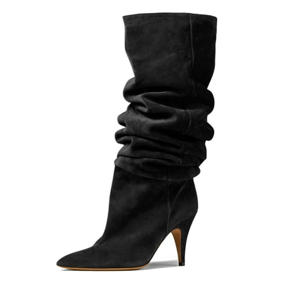 YDN Women Slouchy Pointed Closed Toe Mid Calf Boots Thin High Heel Pull On Wide Calf Booties Warm Party Dating Shoes Size 16 Black