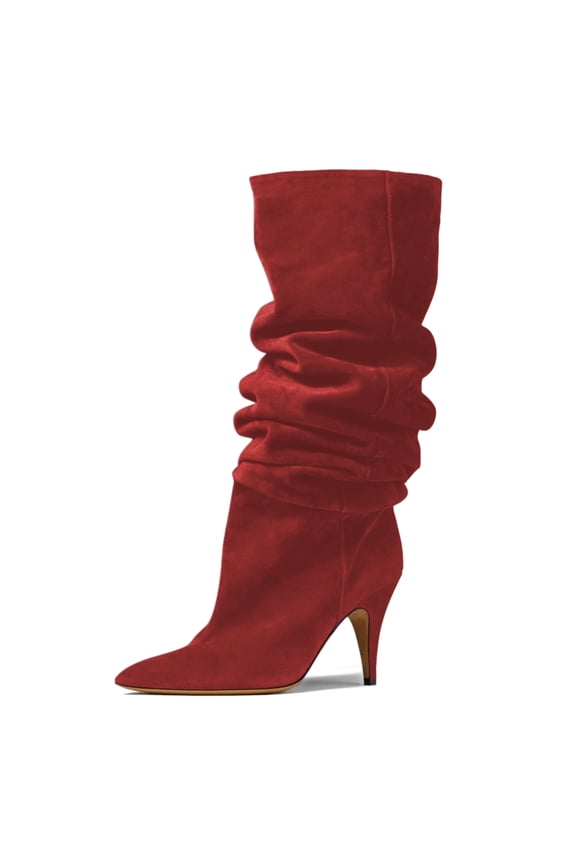Women Slouchy Pointed Closed Toe Mid Calf Boots Thin High Heel Pull On Wide Calf Booties Warm Party Dating Shoes Size 8 Red