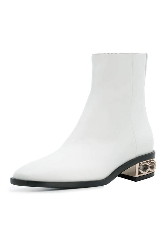 Women Square Closed Toe Ankle Boots Chain Hollowed Chunky Low Heels Side Zipper Short Booties Ladies Winter Dress Shoes Size 7 White