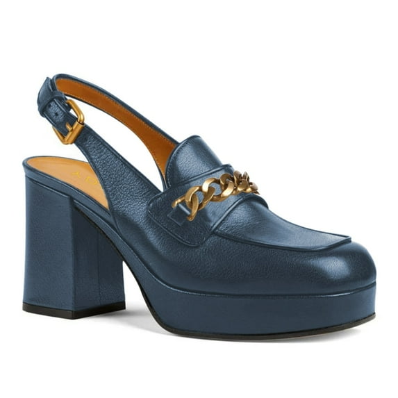 YDN Women Square Toe Chains Slingback Pumps Buckled Backstrap High Block Heels Outdoor Date Work Loafer Shoes Size 5.5 Blue