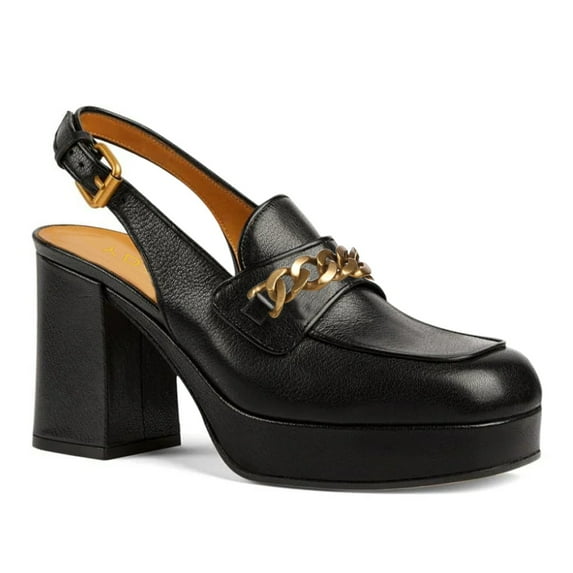 YDN Women Square Toe Chains Slingback Pumps Buckled Backstrap High Block Heels Outdoor Date Work Loafer Shoes Size 9.5 Black