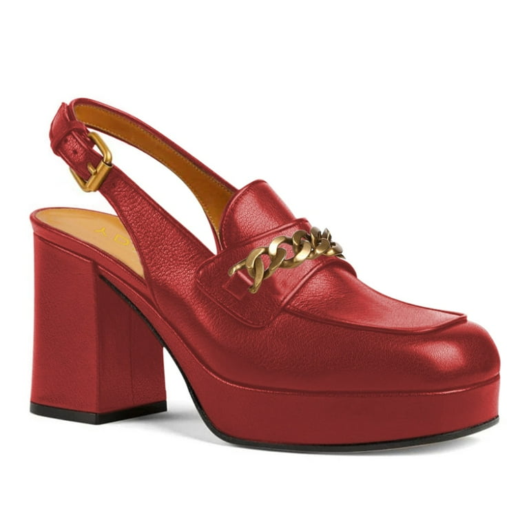 YDN Women Square Toe Chains Slingback Pumps Buckled Backstrap High