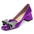 thumbnail image 1 of YDN Women Square Toe Double Rhinestone Bow Pumps Low Chunky Heel Slip On Shoes for Wedding Club Event Size 16 Purple, 1 of 4