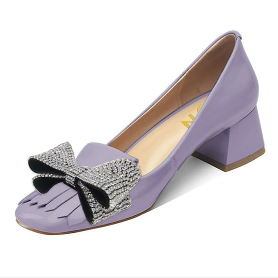 YDN Women Square Toe Double Rhinestone Bow Pumps Low Chunky Heel Slip On Shoes for Wedding Club Event Size 9 Lavender