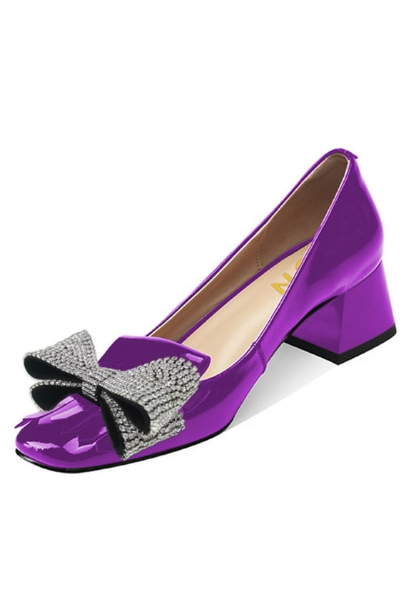 Women Square Toe Double Rhinestone Bow Pumps Low Chunky Heel Slip On Shoes for Wedding Club Event Size 9 Purple