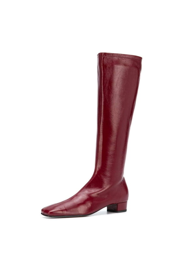 Women Square Toe Knee High Boots Side Zipper Chunky Low Heels All Weather Stylish Daily Wear Shoes Size 7 Wine Red