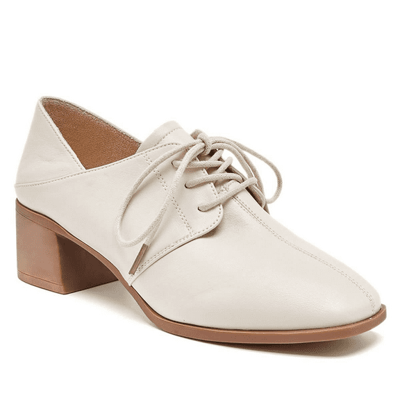 YDN Women Square Toe Lace up Oxford Shoes Comfortable Chunky Low Heels Pumps Professional Office Daily Size 7 White