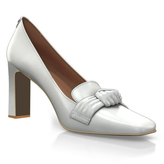 YDN Women Square Toe Slip on Loafers Knot High Chunky Heels Comfortable Daily Dress Prom Shoes Size 9.5 White