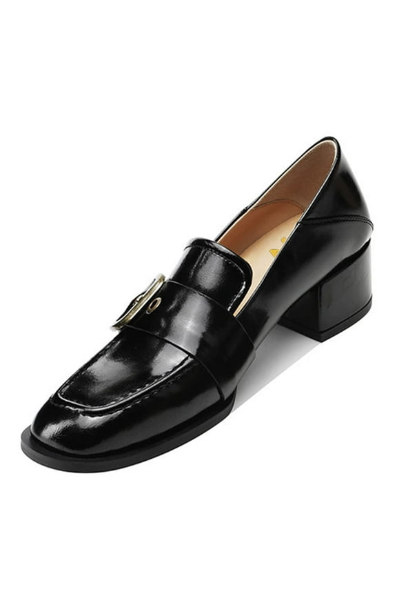 Women Square Toe Strap Buckle Loafers Slip On Block Low Heel Pumps Retro Daily Wear Shoes Size 11 Black