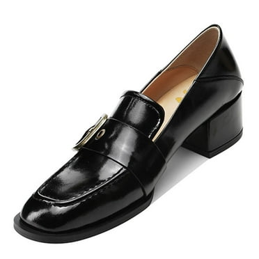 YDN Women Square Toe Strap Buckle Loafers Slip On Block Low Heel Pumps Retro Daily Wear Shoes Size 7 Black