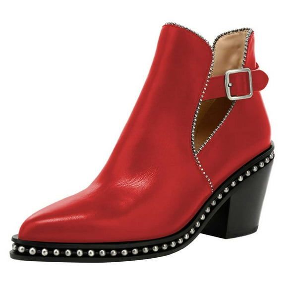 YDN Women Studded Mid Chunky Heeled Ankle Booties Pumps Closed Almond Toe Short Combat Boots Buckle Strap Cutout Shoes Size 16 Red