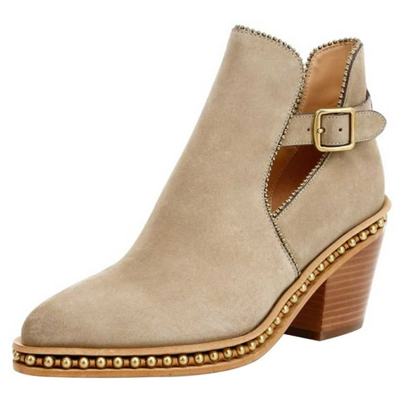 YDN Women Studded Mid Chunky Heeled Ankle Booties Pumps Closed Almond Toe Short Combat Boots Buckle Strap Cutout Shoes Size 5 Brown