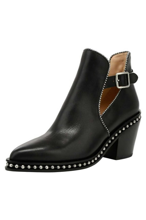 Women Studded Mid Chunky Heeled Ankle Booties Pumps Closed Almond Toe Short Combat Boots Buckle Strap Cutout Shoes Size 8.5 Black
