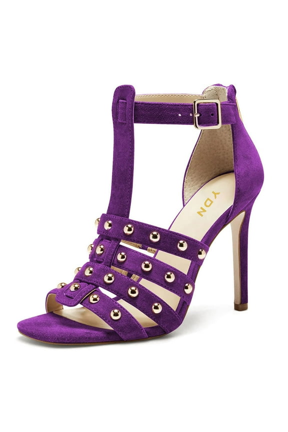 Women Studded Open Toe Gladiator Sandals T-Strap Stiletto High Heel Zipper Sandals Prom Dress Daily Shoes Size 4 Purple