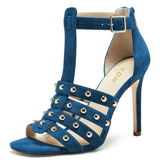 YDN Women Studded Open Toe Gladiator Sandals T-Strap Stiletto High Heel Zipper Sandals Prom Dress Daily Shoes Size 6.5 Blue
