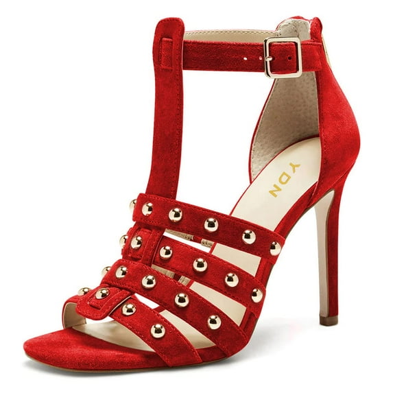 YDN Women Studded Open Toe Gladiator Sandals T-Strap Stiletto High Heel Zipper Sandals Prom Dress Daily Shoes Size 7.5 Red