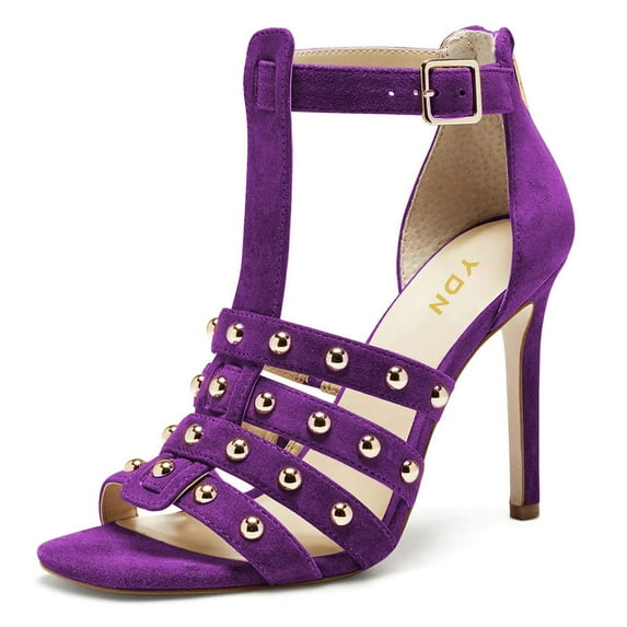 YDN Women Studded Open Toe Gladiator Sandals T-Strap Stiletto High Heel Zipper Sandals Prom Dress Daily Shoes Size 7 Purple