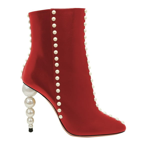 YDN Women Studded Pearls Slim High Heel Booties Pointed Toe Side Zipper Ankle Boots Fashion Dressy Party Shoes Size 6.5 Red