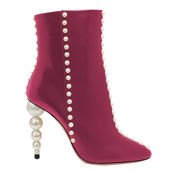 YDN Women Studded Pearls Slim High Heel Booties Pointed Toe Side Zipper Ankle Boots Fashion Dressy Party Shoes Size 8.5 Deep Pink