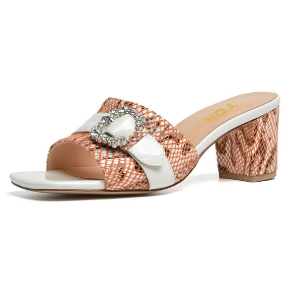 YDN Women Stylish Rhinestone Buckle Slip On Square Open Toe Sandals Block Mid Heels Mules Dressy Summer Party Shoes Size 4 White