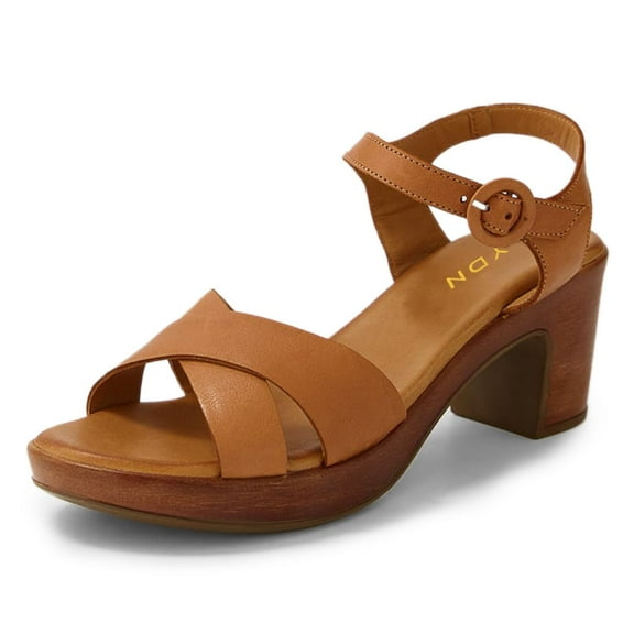 YDN Women Summer Round Open Toe Sandals Chunky Mid Heels Cross Straps Buckled Pumps Casual Daily Party Shoes Size 5 Brown